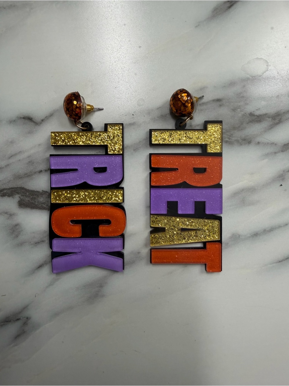 Bold 'TREAT' & 'TRICK' Statement Earrings - Orange, Purple & Gold